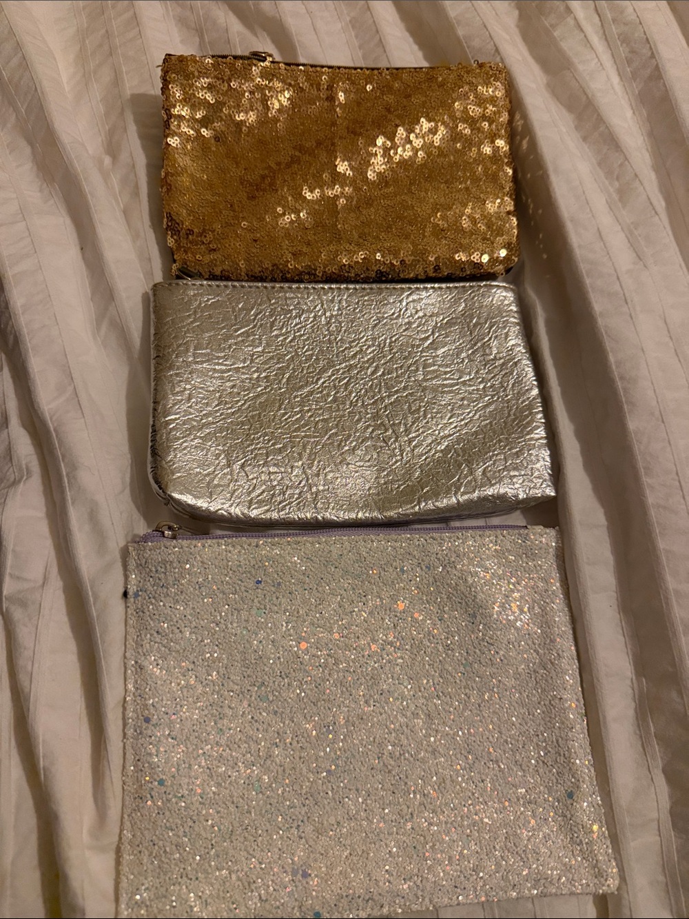 ipsy Metallic Gold, Silver & White Glitter Cosmetic Pouch Set